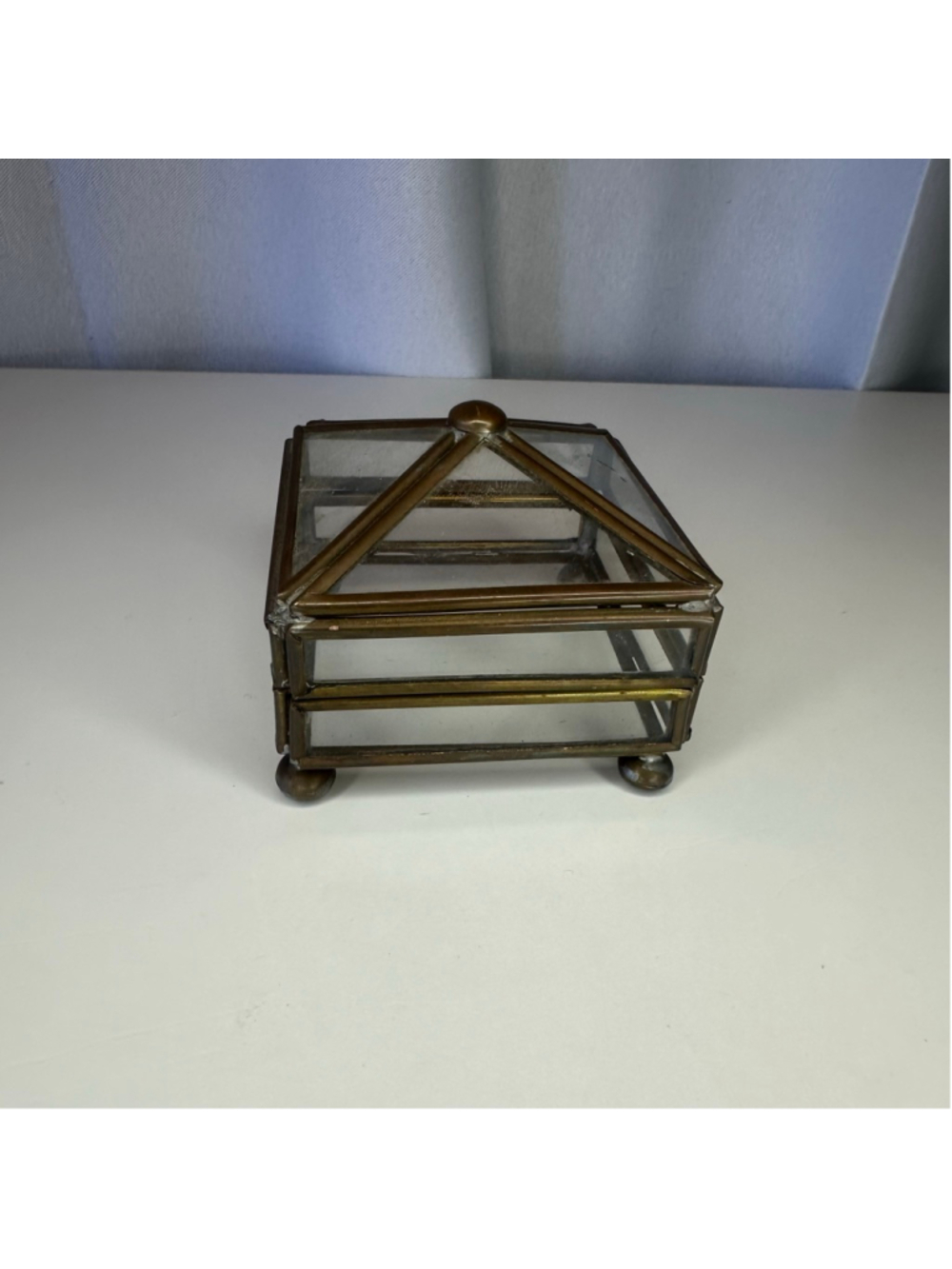 Vintage Brass and Glass Trinket Box | Pyramid Gold Glass Terrarium Decor